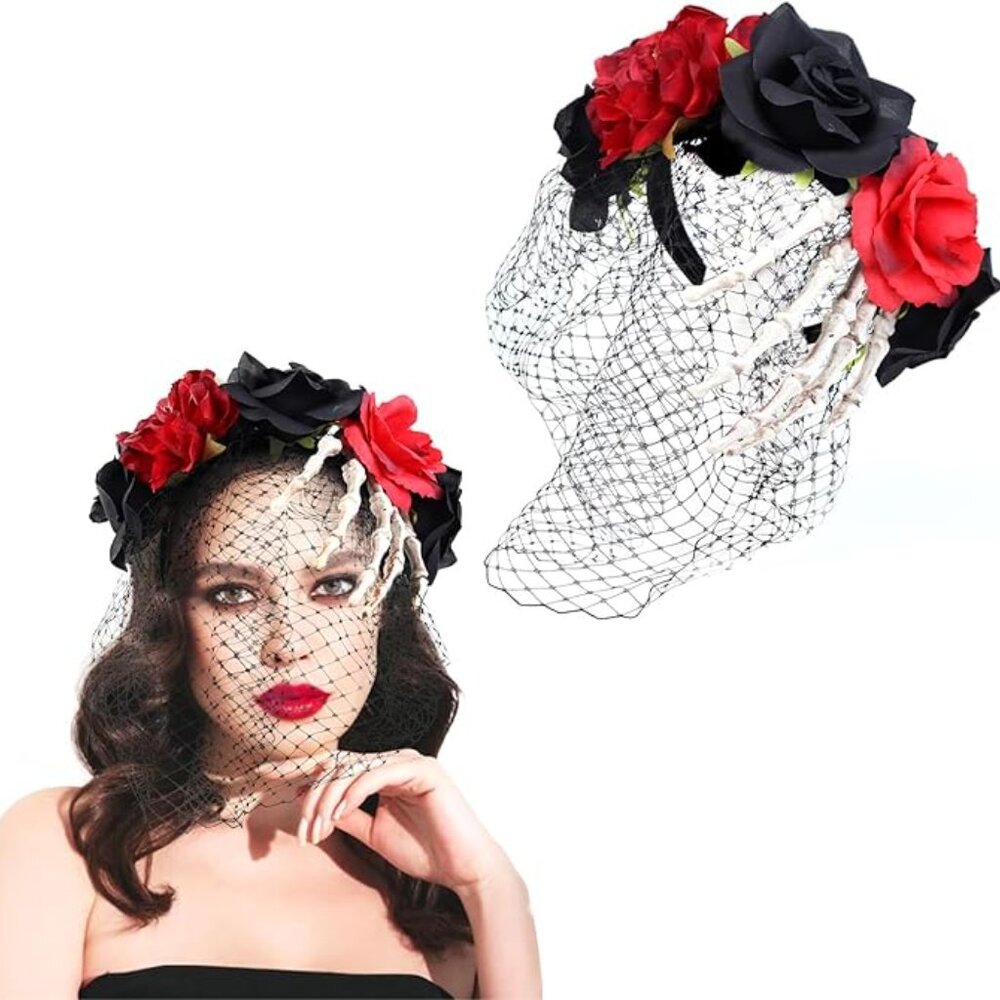Halloween Day of The Dead Headband Skeleton Hand Costume Includes Lace Gloves